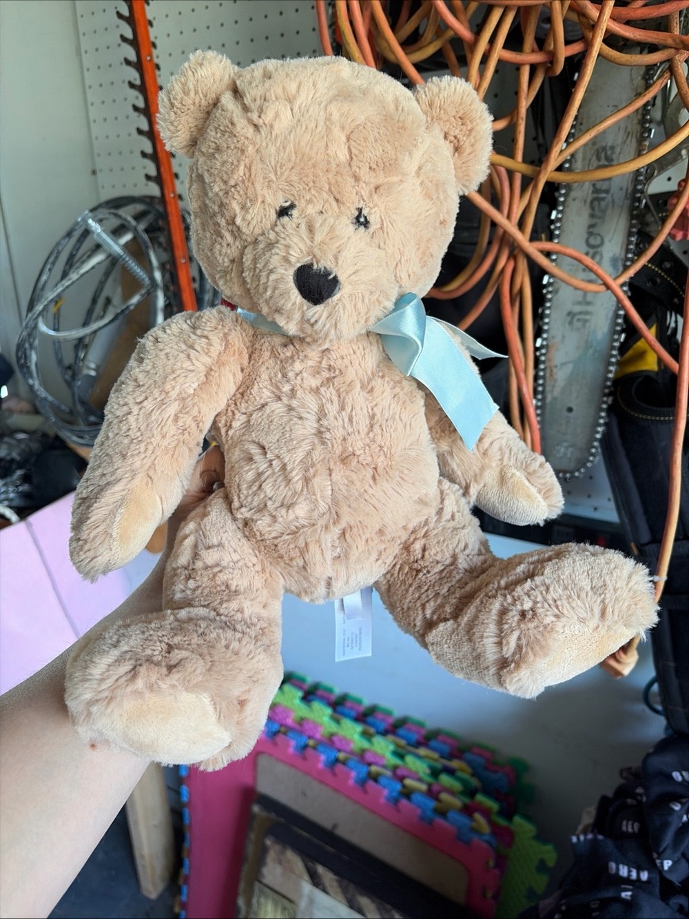 Plush Beige Teddy Bear with Light Blue Ribbon - Classic Stuffed Animal